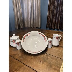 LOTof5 Fairfield Christmas POINSETTIA RIBBONS Fine China Salt Pepper Bowl Sugar